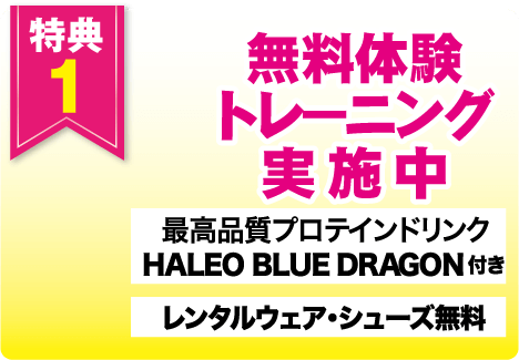 特典1 今だけ 無料体験トレーニング実施中 最高品質プロテインドリンク HALEO BLUE DRAGON付き レンタルウェア・シューズ無料